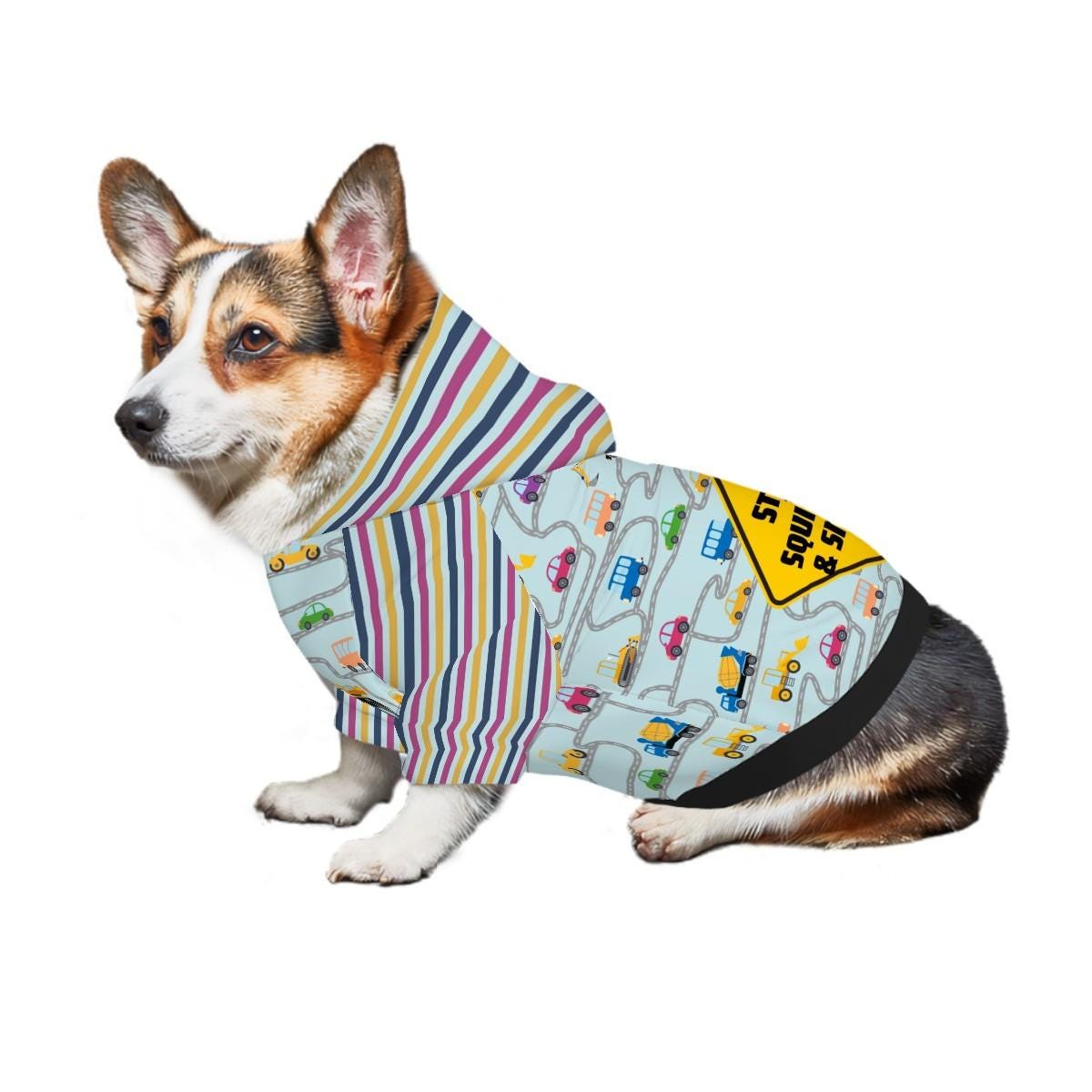 City Streets with Warning Sign, Stops for Squirrels and Snacks, Pet Hoodie for Dogs, Fun Car Driving, Matching Tee or Hoodie Available