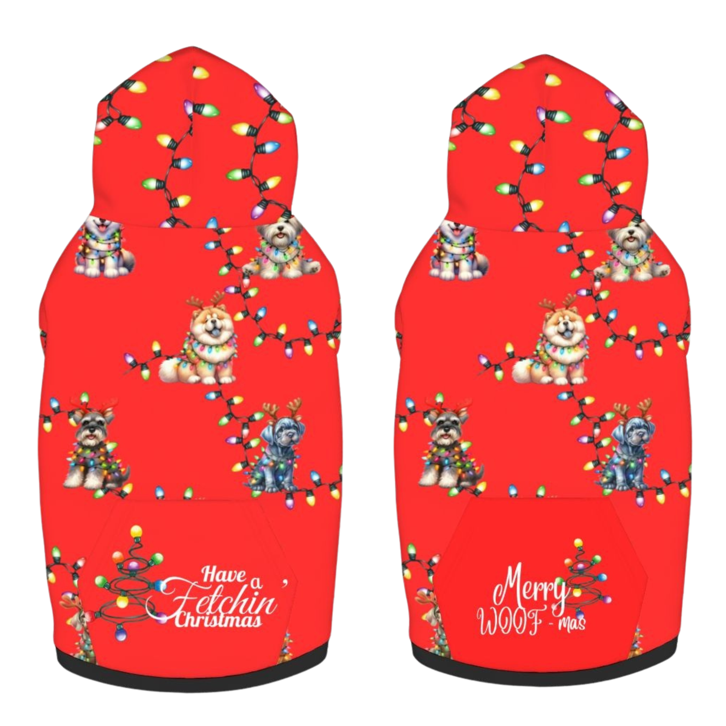 Adorable Red Christmas Dog Hoodie | Festive Lights for Cute Holiday Photos "Have a Fetchin Christmas"