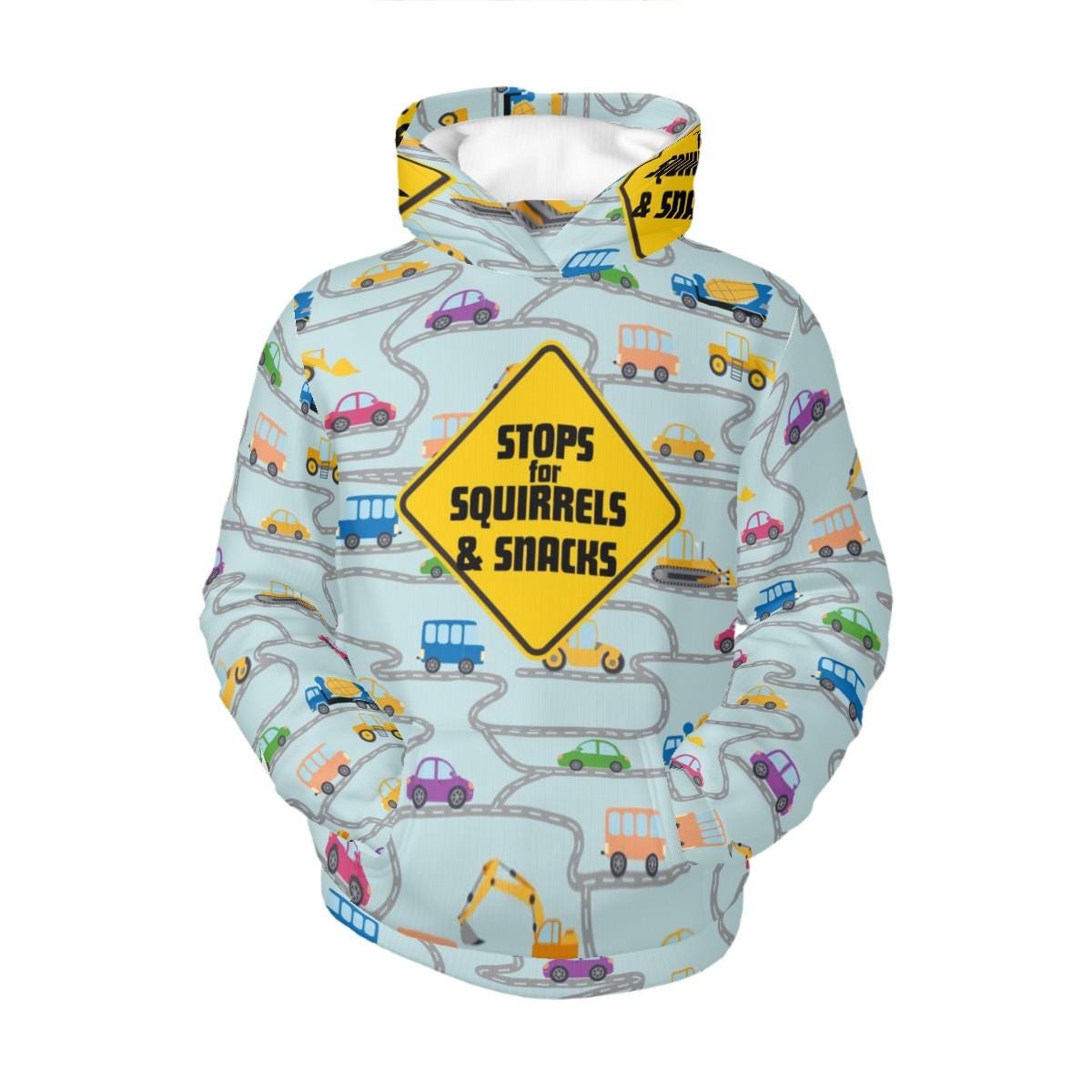 Colorful Kids Hoodie Featuring Cars, Dog Driver, and Warning Sign - Trendy Apparel,