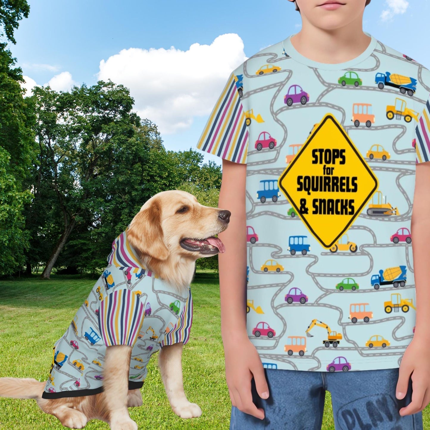 Cute Matching Set for Kids and Dogs, Fun Car Theme Kids T-Shirt , school Shirt, road trip fun