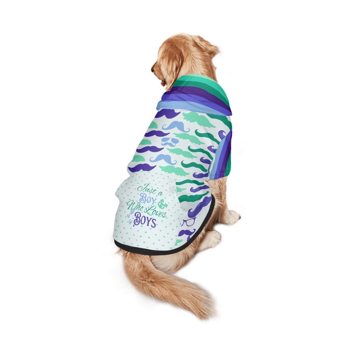 Gay Men's Flag Color Blue Dog Hoodie with Mustaches Design, Fun Fashionable Dog Hoodie in sizes Small to XXL, Fathers Day gift