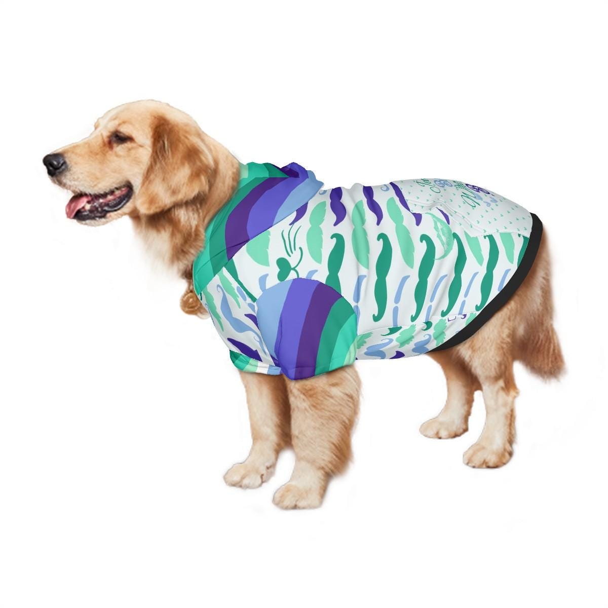 Gay Men's Flag Color Blue Dog Hoodie with Mustaches Design, Fun Fashionable Dog Hoodie in sizes Small to XXL, Fathers Day gift