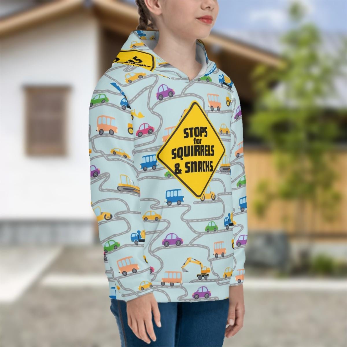 Colorful Kids Hoodie Featuring Cars, Dog Driver, and Warning Sign - Trendy Apparel,