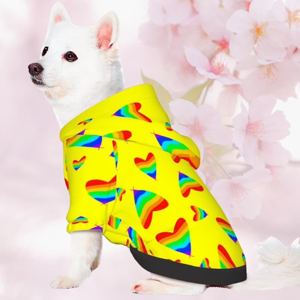Celebrate Pride with Yellow Hearts Dog Hoodie for Small Dog, Fashionable Dog Sweater, Perfect gift for Dog Lover, Fathers Day Gift