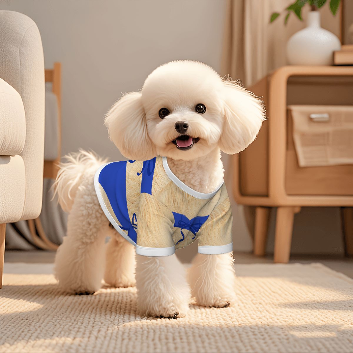 Small Dog in a BIKINI, Vacation Time Boys and Girls, Cats and Dogs, Put on your Swimsuits now.  BEIGE FURRY BFF