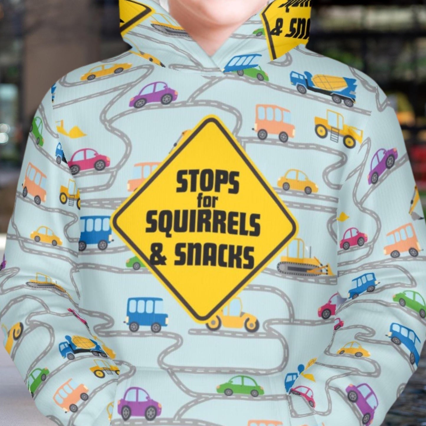 Colorful Kids Hoodie Featuring Cars, Dog Driver, and Warning Sign - Trendy Apparel,