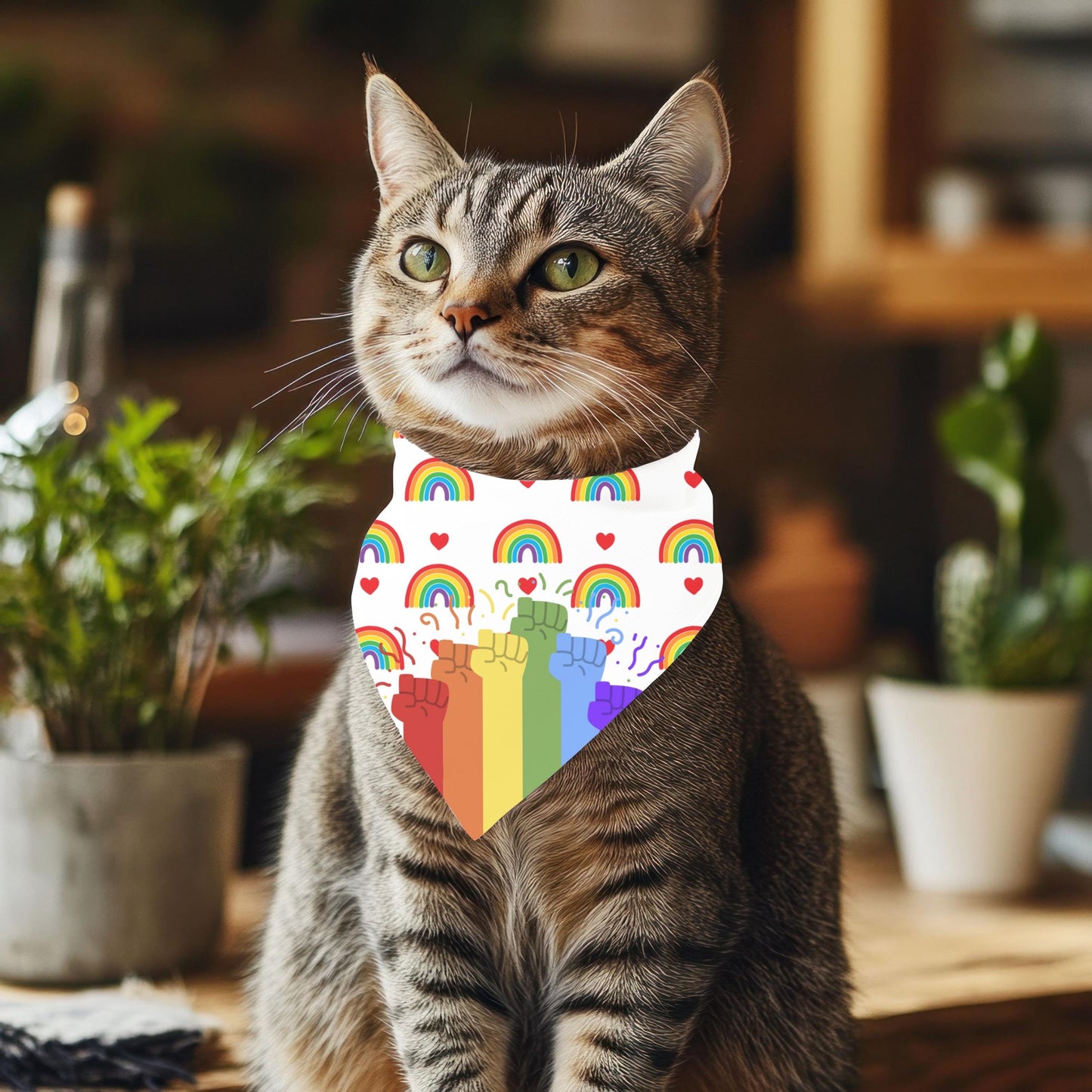 LGBTQ Kitty Scarf, Double-Sided Cat Bandana with Pride Fists, Pride Hearts, A Fashionable Scarf for Outings or Sitting in the Window