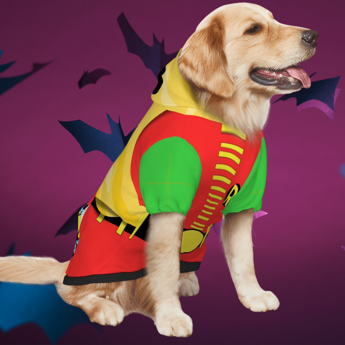 Custom Robin Dog Hoodie - Cute Pet Cosplay Costume, Batman and Rocin here to Save YOur Day, Protect Your Car from Villians, Cosplay or Halloween, Retro dog Shirt