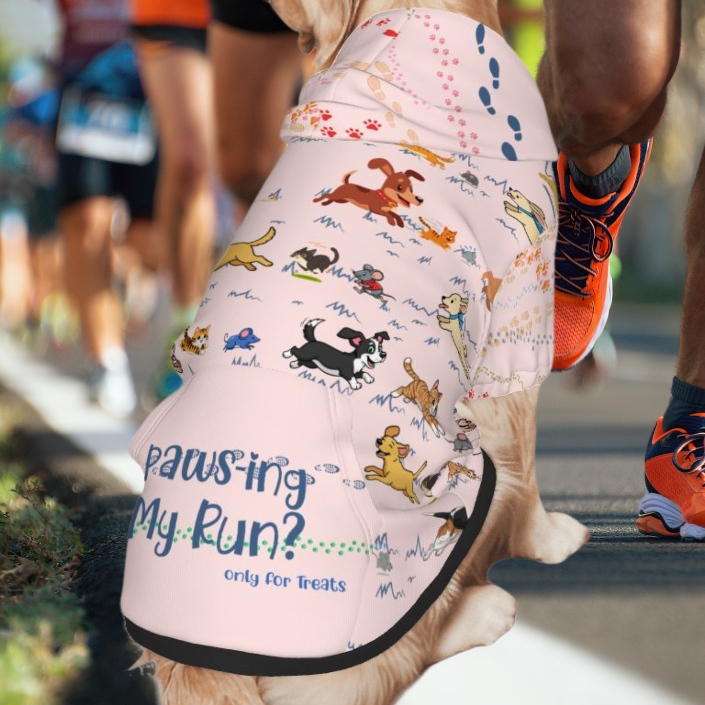 Playful Dog Hoodie: Adorable Dogs, Cats & Mice in a Hilarious Chase, "Paws-ing My Run? Only For Treats"  Pinkseveral colors available, Don't go running without having drip