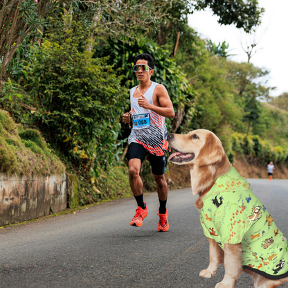 Marathon ready, Whimsical Dog Hoodie: Dogs Chasing Cats & Mice in a Fun Chase Scene, "Paws-ing My Run?  Only For Treats" Green,