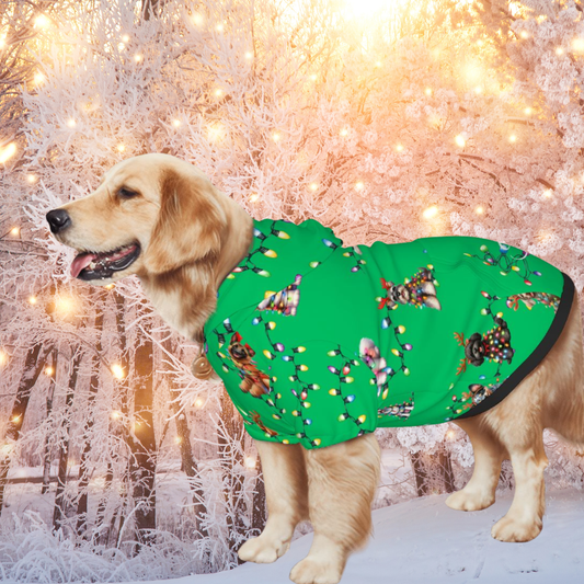 Festive Green Dog Hoodie with Christmas Lights - Great for Cute Pet Photos "Have a Fetchin Christmas"