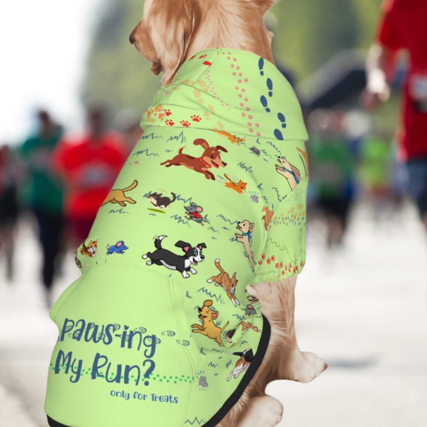 Marathon ready, Whimsical Dog Hoodie: Dogs Chasing Cats & Mice in a Fun Chase Scene, "Paws-ing My Run?  Only For Treats" Green,