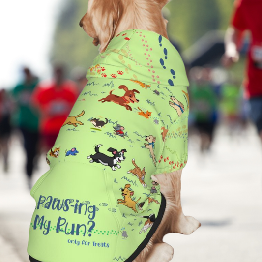 Marathon ready, Whimsical Dog Hoodie: Dogs Chasing Cats & Mice in a Fun Chase Scene, "Paws-ing My Run?  Only For Treats" Green,