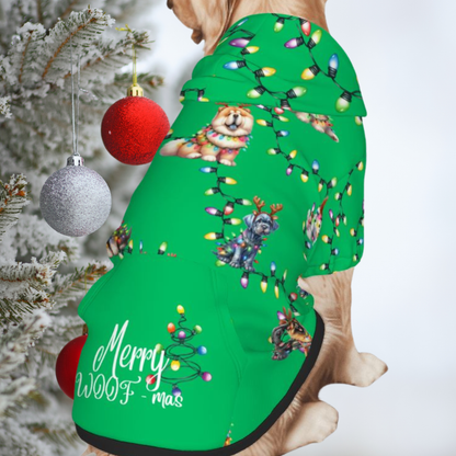 Green Christmas Dog Hoodie with Lights - Cute Pup Photo Prop "Merry Woof-mas"