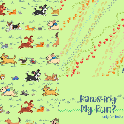 Marathon ready, Whimsical Dog Hoodie: Dogs Chasing Cats & Mice in a Fun Chase Scene, "Paws-ing My Run?  Only For Treats" Green,