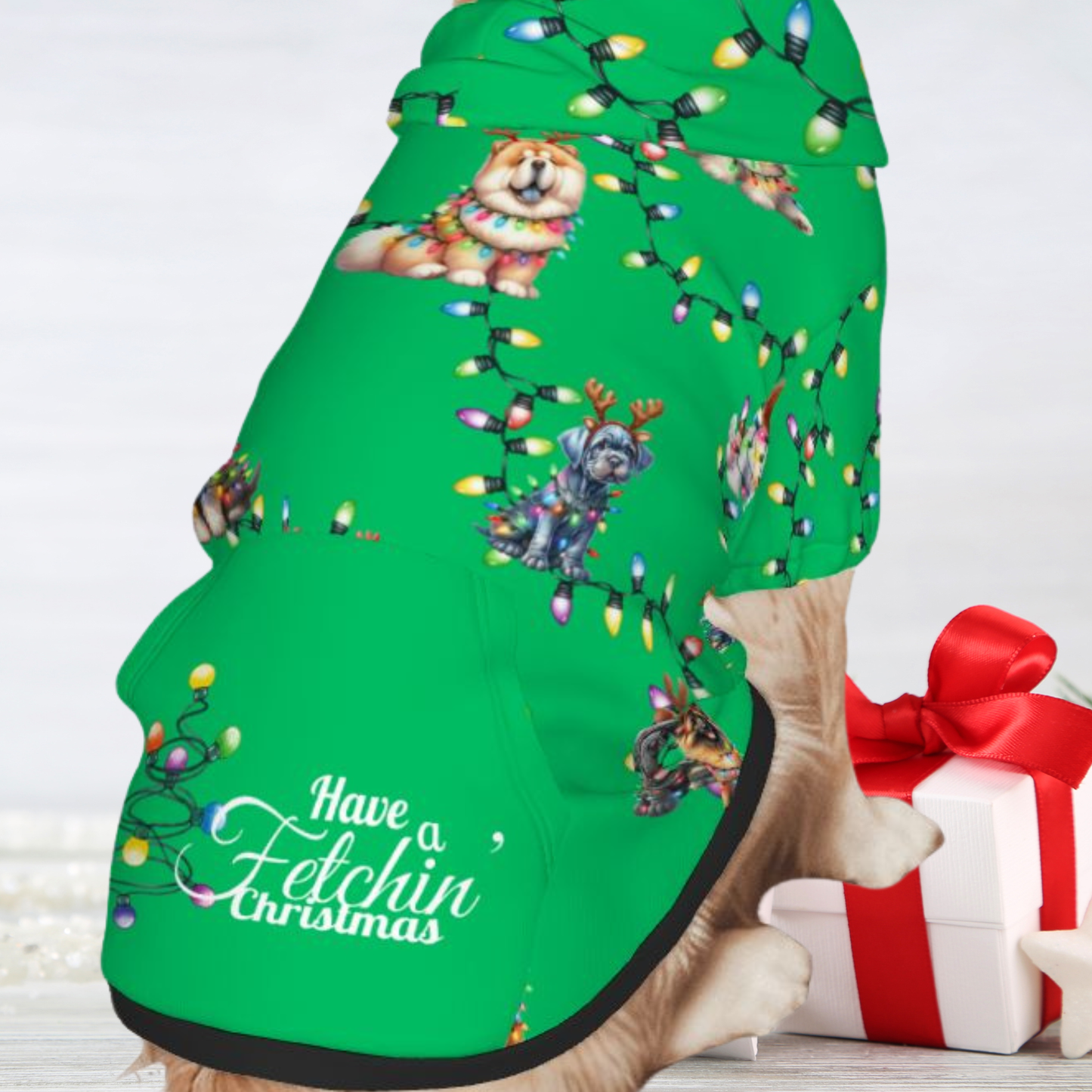 Festive Green Dog Hoodie with Christmas Lights - Great for Cute Pet Photos "Have a Fetchin Christmas"