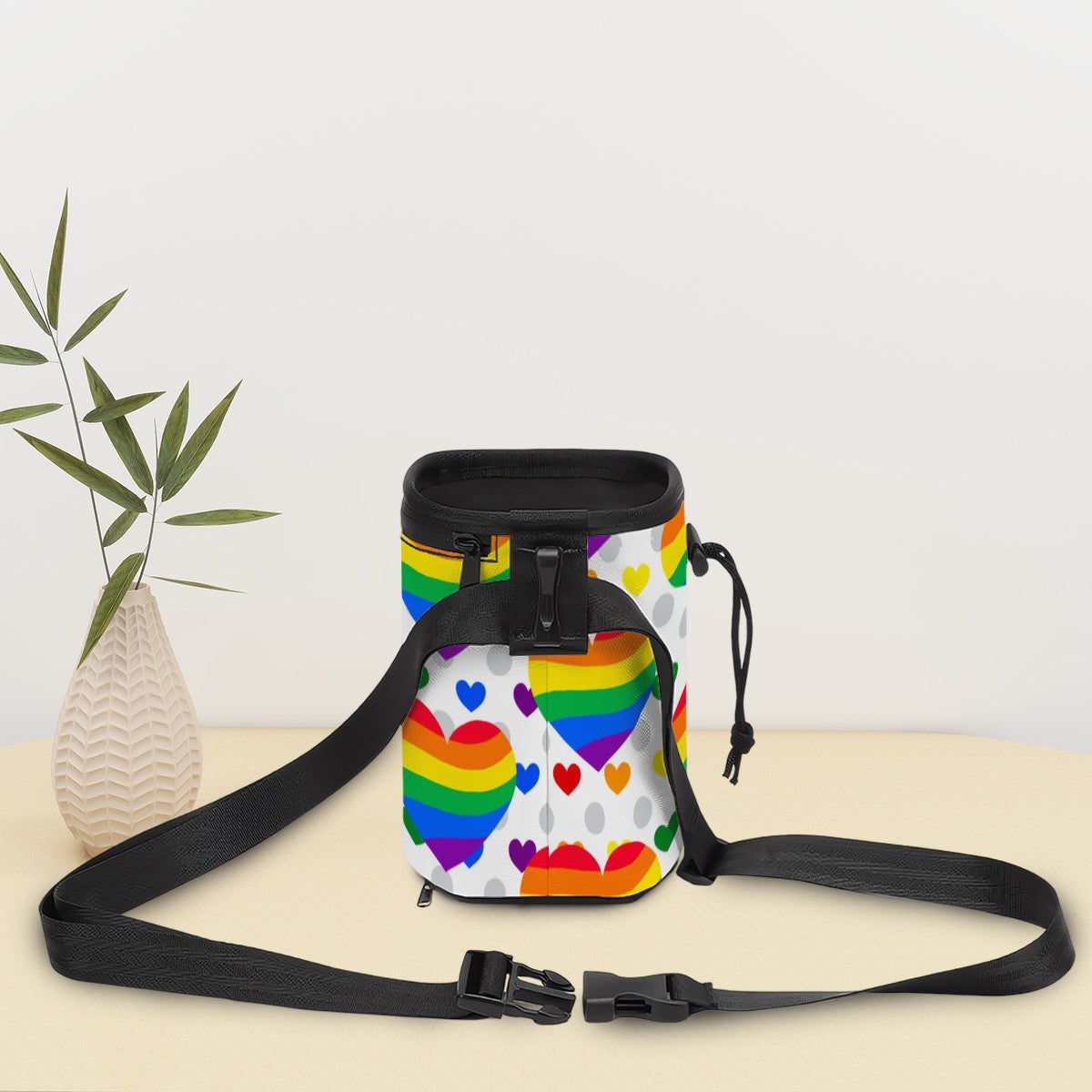 Fun & Functional Pet Treat Carrier   My Favorite Design, Pride Rainbow Hearts, No Spill Design with Convenient Long Strap!