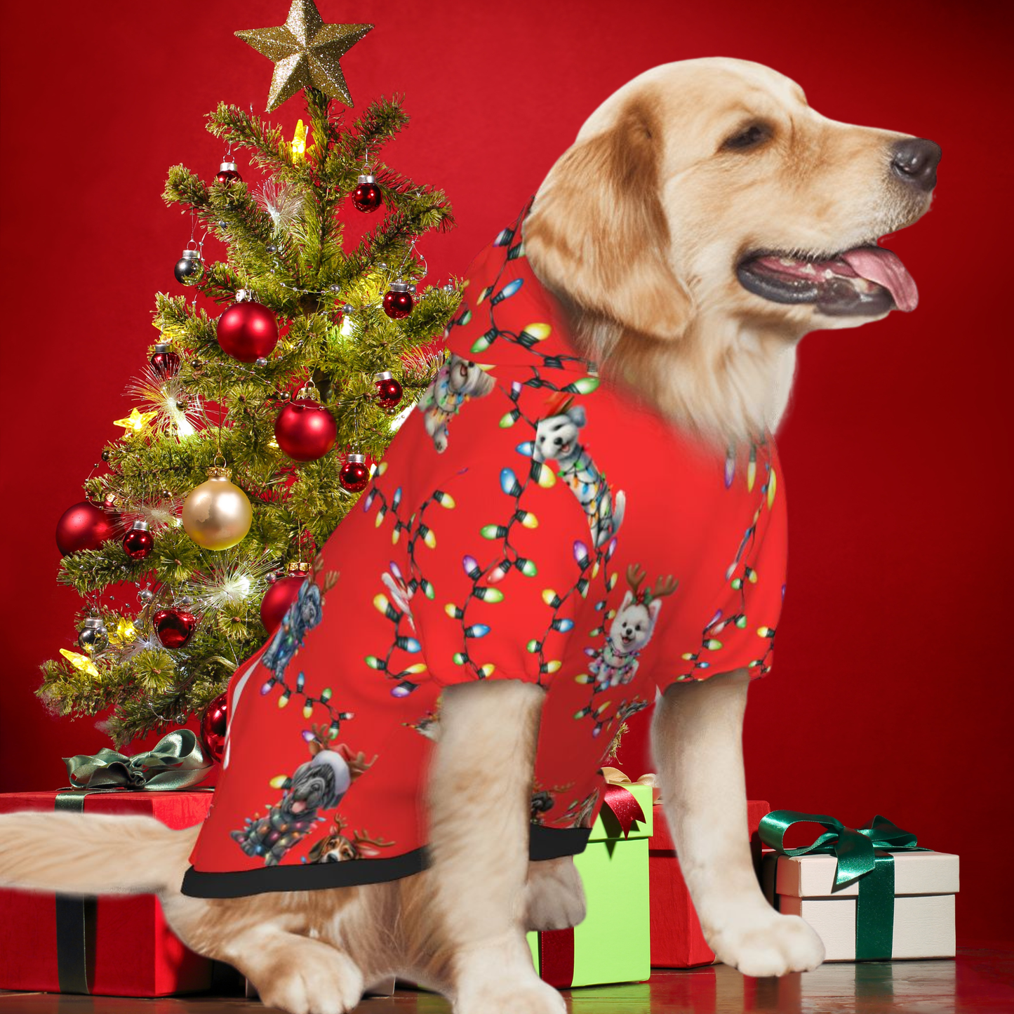 Adorable Red Christmas Dog Hoodie | Festive Lights for Cute Holiday Photos "Have a Fetchin Christmas"