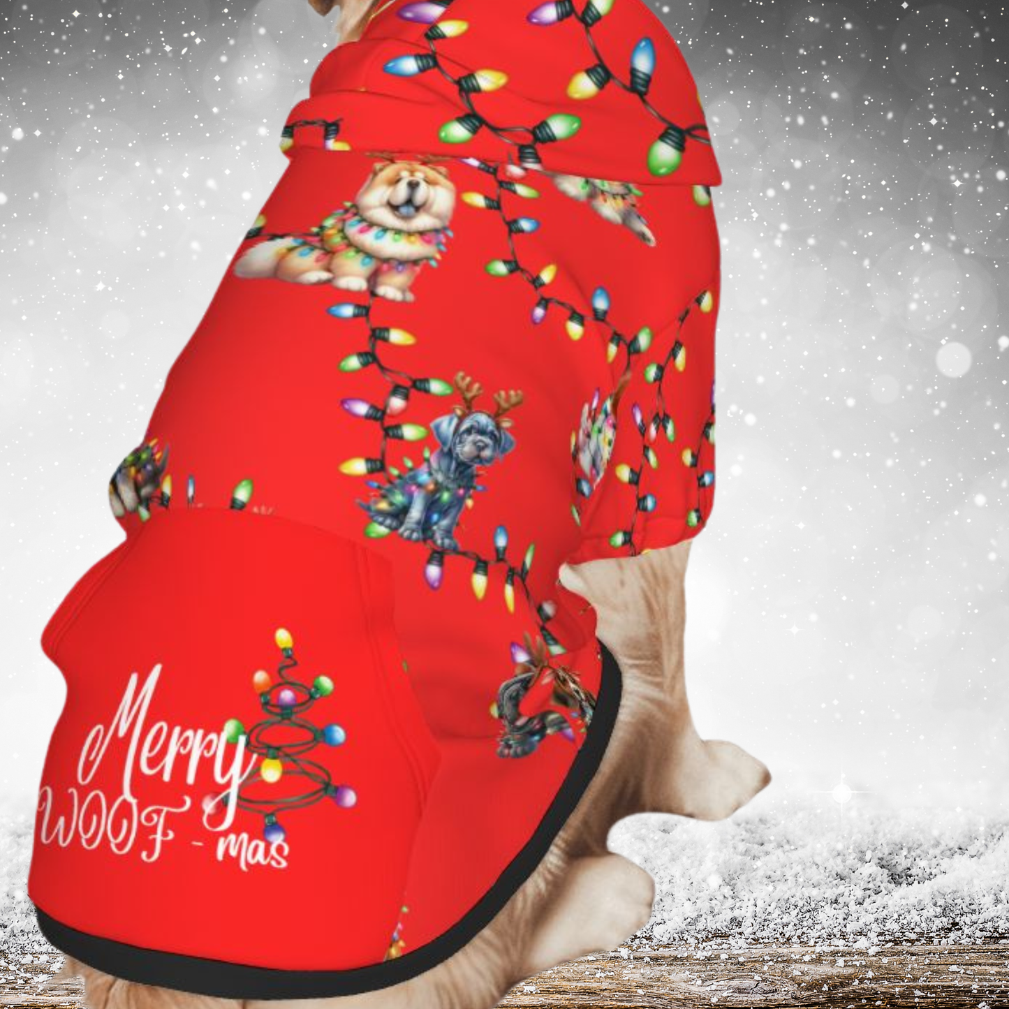 Red Christmas Dog Hoodie with Lights | Ideal for Cute Dog Holiday Pics "Merry Woof-mas"