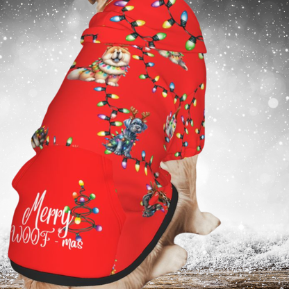 Red Christmas Dog Hoodie with Lights | Ideal for Cute Dog Holiday Pics "Merry Woof-mas"