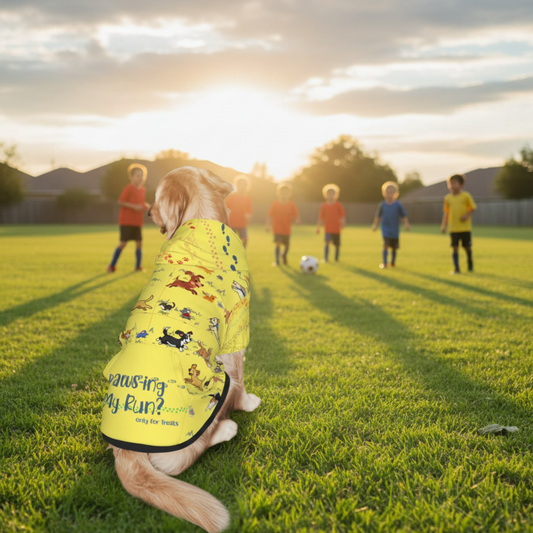 Fun Dog Hoodie: Dogs Chasing Cats & Mice, Then Switch Chase!, "PAWS-ing My Run? Only for Treats" in yellow, perfect for 5K Spring Run