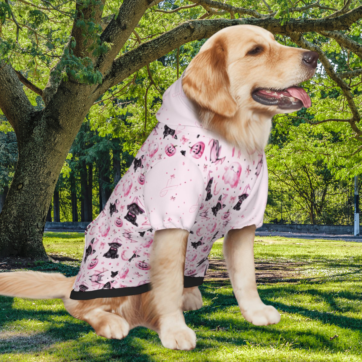 IN October We wear Pink, Breast Cancer Awareness Dog Hoodie - Pink Halloween Pet Costume, Ghosts, Bats, Cute Dog Outfit
