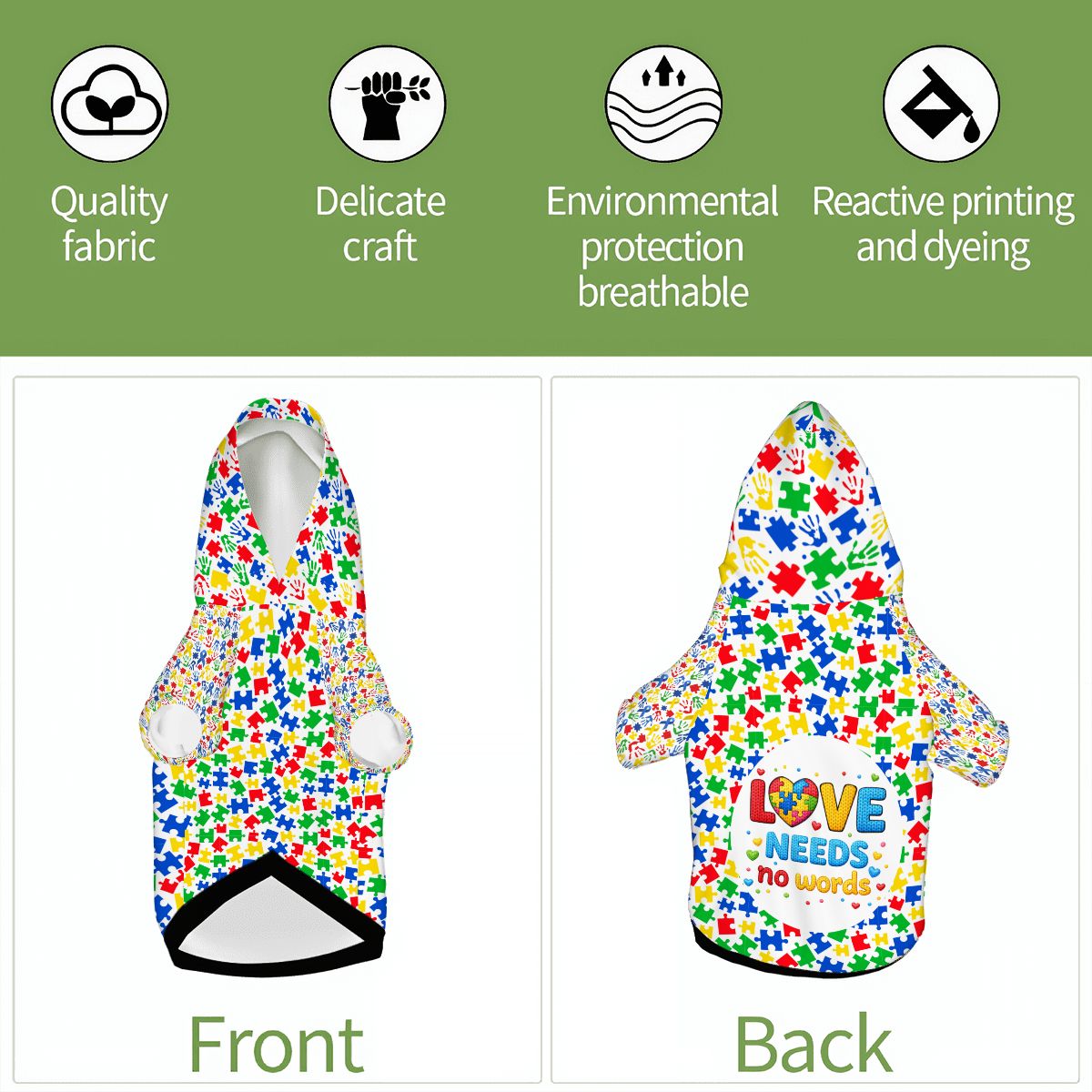 Dog Hoodie for Autism Awareness | Love Needs No Words Design