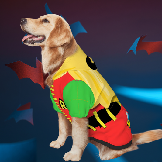 Custom Robin Dog Hoodie - Cute Pet Cosplay Costume, Batman and Rocin here to Save YOur Day, Protect Your Car from Villians, Cosplay or Halloween, Retro dog Shirt