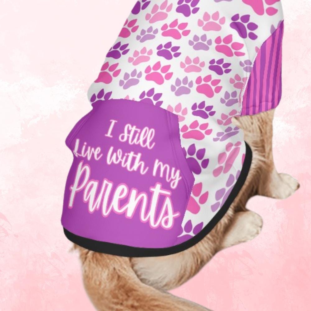 Vibrant Custom Pet Hoodie with I Still Live with my Parents, Cute Paw Print Design, Purple and Pink Paw Print Dog Hoodie Pet Clothes