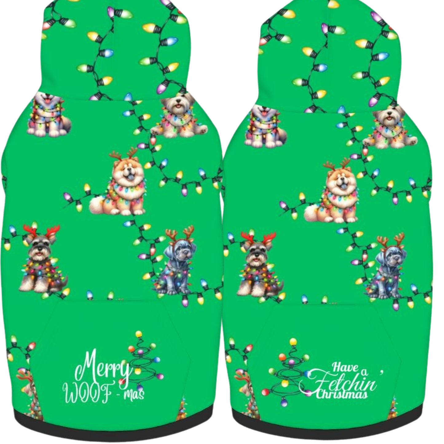 Green Christmas Dog Hoodie with Lights - Cute Pup Photo Prop "Merry Woof-mas"