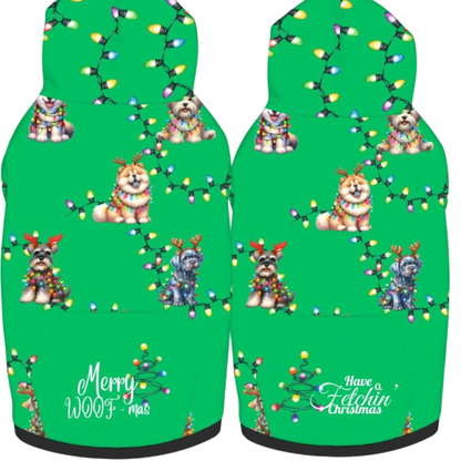 Green Christmas Dog Hoodie with Lights - Cute Pup Photo Prop "Merry Woof-mas"