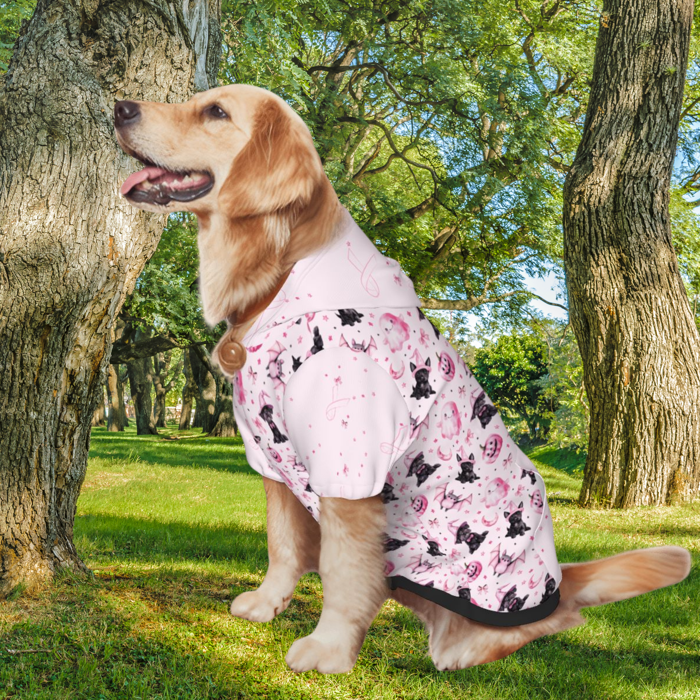 IN October We wear Pink, Breast Cancer Awareness Dog Hoodie - Pink Halloween Pet Costume, Ghosts, Bats, Cute Dog Outfit