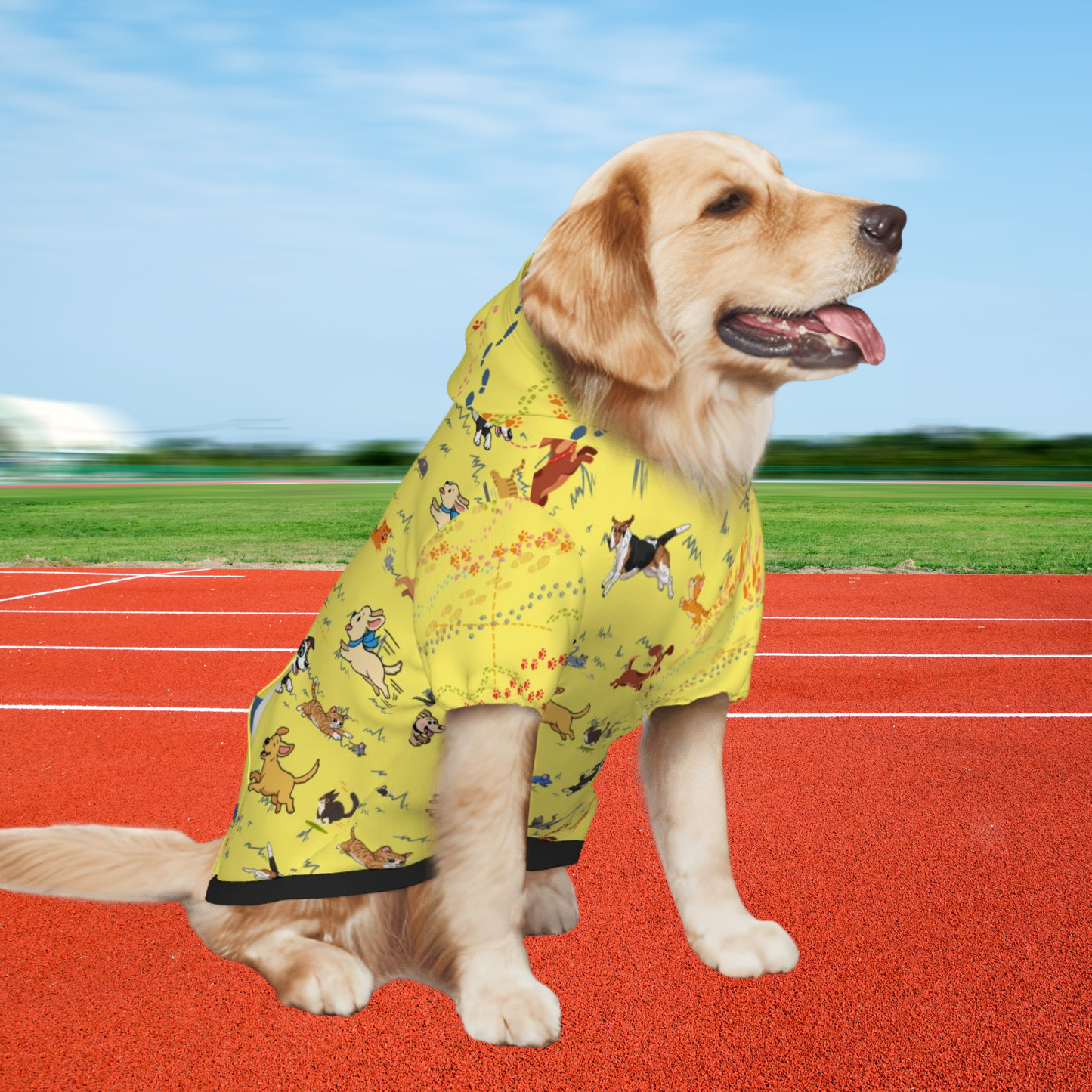 Fun Dog Hoodie: Dogs Chasing Cats & Mice, Then Switch Chase!, "PAWS-ing My Run? Only for Treats" in yellow, perfect for 5K Spring Run