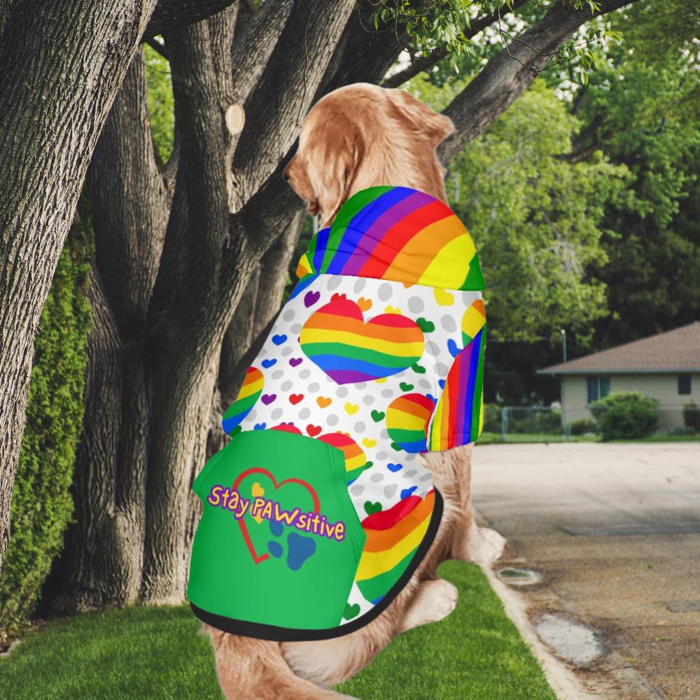Stay Pawsitive Pride Dog Hoodie - Green Rainbow Hearts Pet Sweater, LGBTQ Dog Sweater, Dog Lovers Gift, Mothers Day Gift, Fathers Day gift