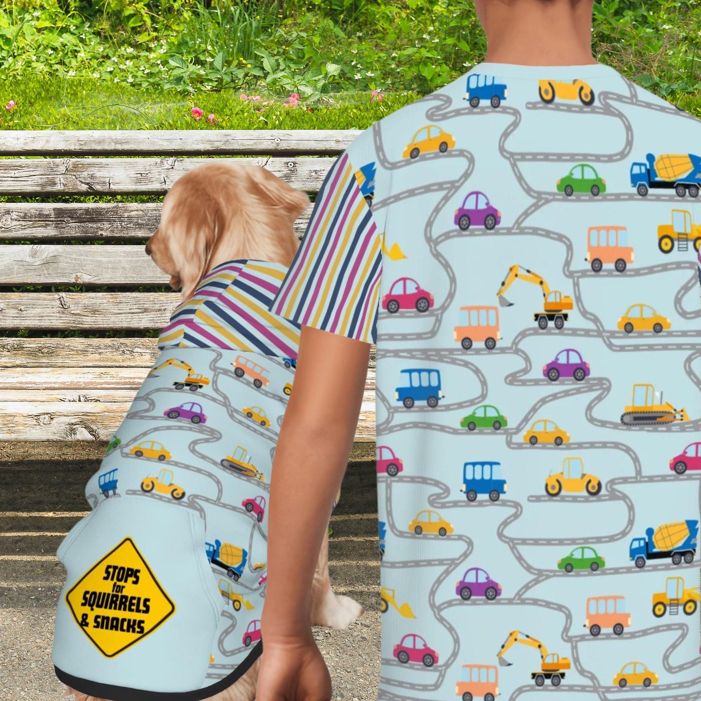 Unique Car Dog Hoodie, Driving with Warning Sign Stops for Squirrels and Snacks, Matching Pet Outfits