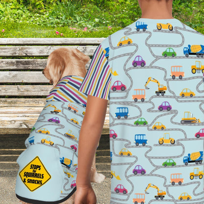 Unique Car Dog Hoodie, Driving with Warning Sign Stops for Squirrels and Snacks, Matching Pet Outfits