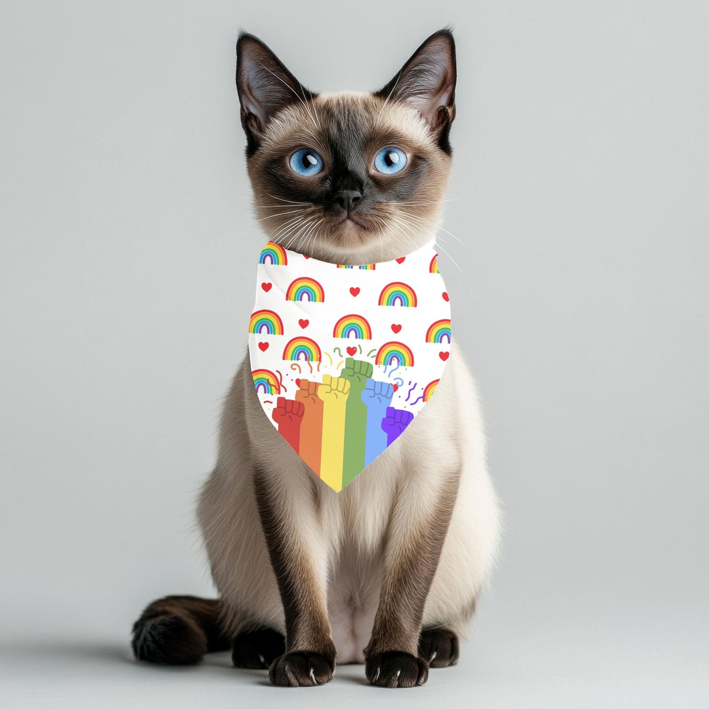 LGBTQ Kitty Scarf, Double-Sided Cat Bandana with Pride Fists, Pride Hearts, A Fashionable Scarf for Outings or Sitting in the Window