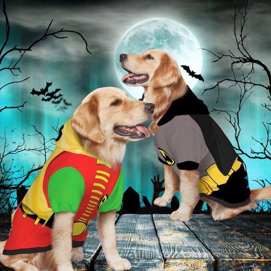 Custom Robin Dog Hoodie - Cute Pet Cosplay Costume, Batman and Rocin here to Save YOur Day, Protect Your Car from Villians, Cosplay or Halloween, Retro dog Shirt