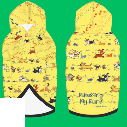 Fun Dog Hoodie: Dogs Chasing Cats & Mice, Then Switch Chase!, "PAWS-ing My Run? Only for Treats" in yellow, perfect for 5K Spring Run