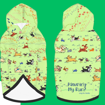 Marathon ready, Whimsical Dog Hoodie: Dogs Chasing Cats & Mice in a Fun Chase Scene, "Paws-ing My Run?  Only For Treats" Green,