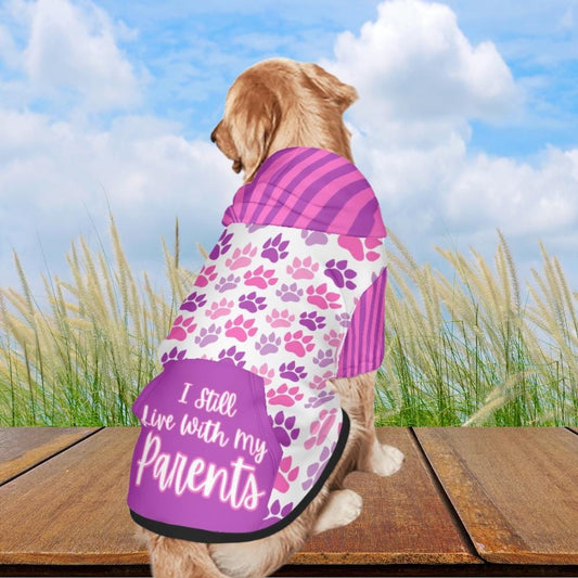 Vibrant Custom Pet Hoodie with I Still Live with my Parents, Cute Paw Print Design, Purple and Pink Paw Print Dog Hoodie Pet Clothes