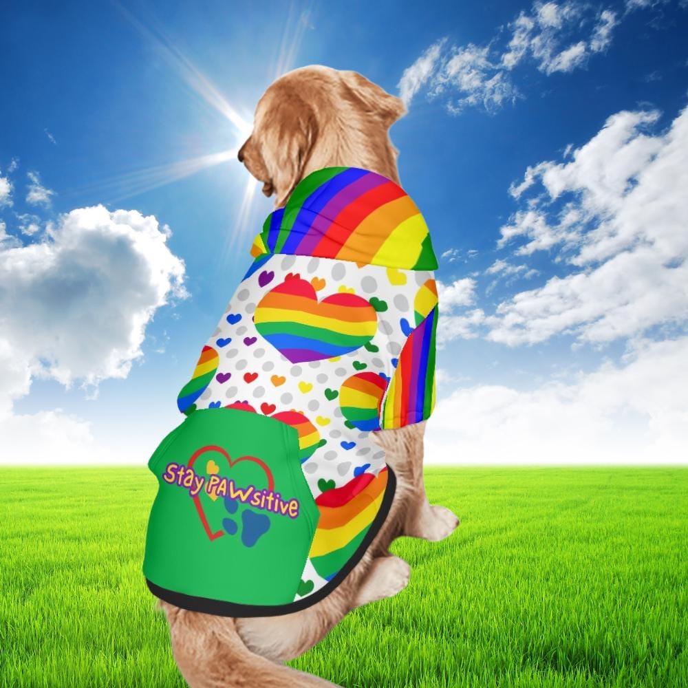 Stay Pawsitive Pride Dog Hoodie - Green Rainbow Hearts Pet Sweater, LGBTQ Dog Sweater, Dog Lovers Gift, Mothers Day Gift, Fathers Day gift