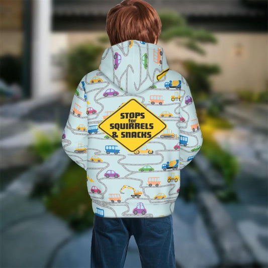 Colorful Kids Hoodie Featuring Cars, Dog Driver, and Warning Sign - Trendy Apparel,