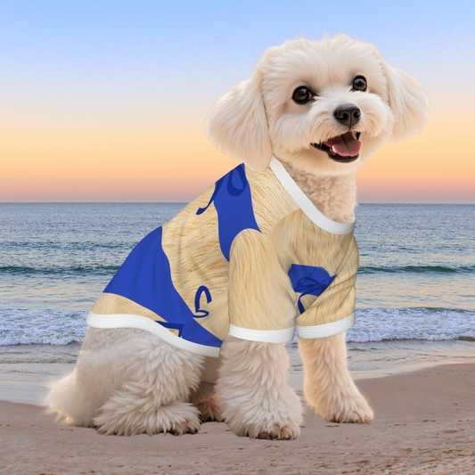 Small Dog in a BIKINI, Vacation Time Boys and Girls, Cats and Dogs, Put on your Swimsuits now.  BEIGE FURRY BFF
