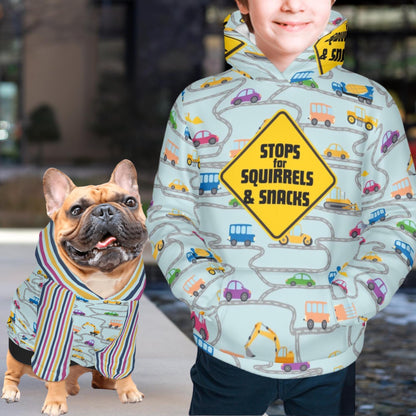City Streets with Warning Sign, Stops for Squirrels and Snacks, Pet Hoodie for Dogs, Fun Car Driving, Matching Tee or Hoodie Available