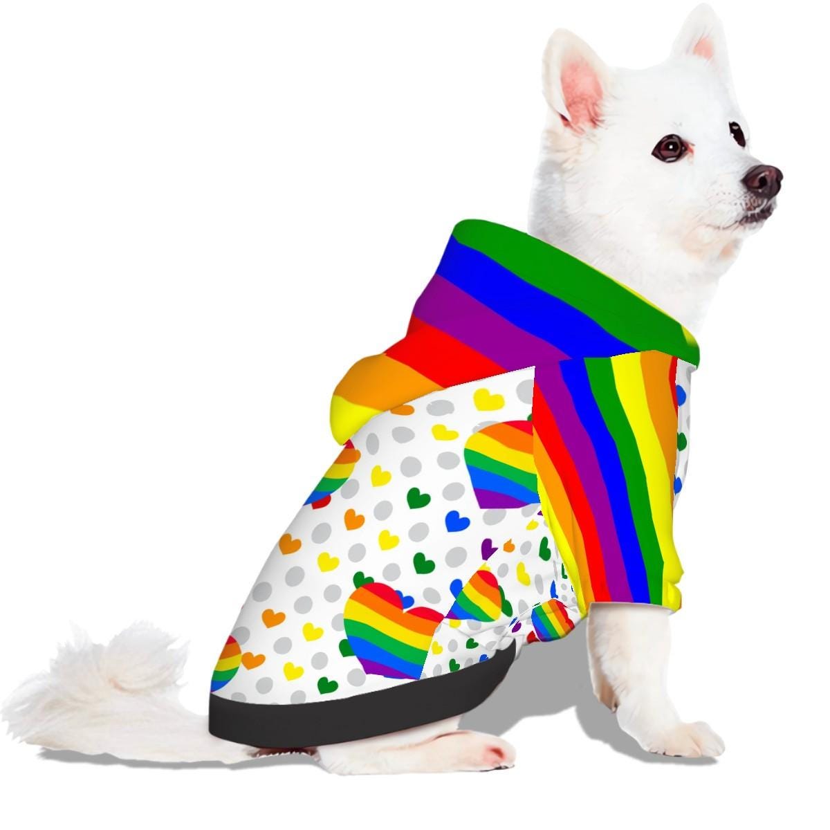 Rainbow Pride Flag Pet Hoodie with Hearts for Small Dogs, Dog Lovers Gift, Mothers Day Gift, Fathers Day Gift