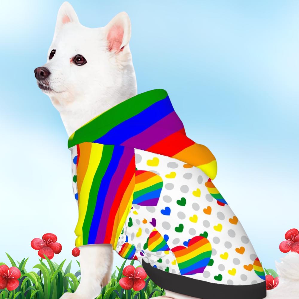Rainbow Pride Flag Pet Hoodie with Hearts for Small Dogs, Dog Lovers Gift, Mothers Day Gift, Fathers Day Gift