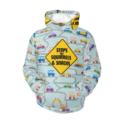 Colorful Kids Hoodie Featuring Cars, Dog Driver, and Warning Sign - Trendy Apparel,