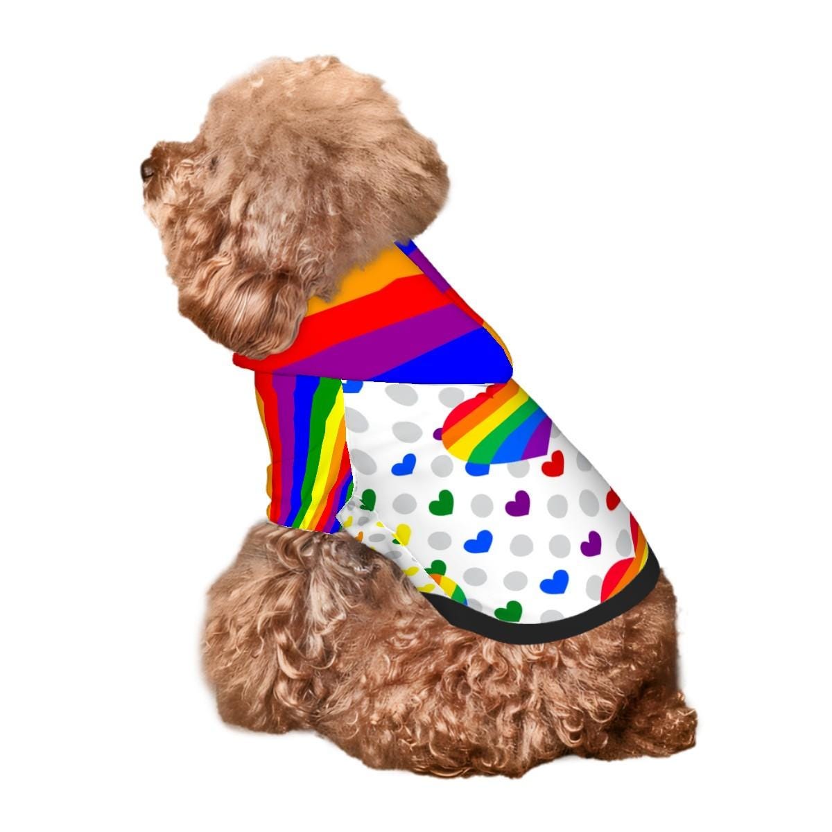 Rainbow Pride Flag Pet Hoodie with Hearts for Small Dogs, Dog Lovers Gift, Mothers Day Gift, Fathers Day Gift