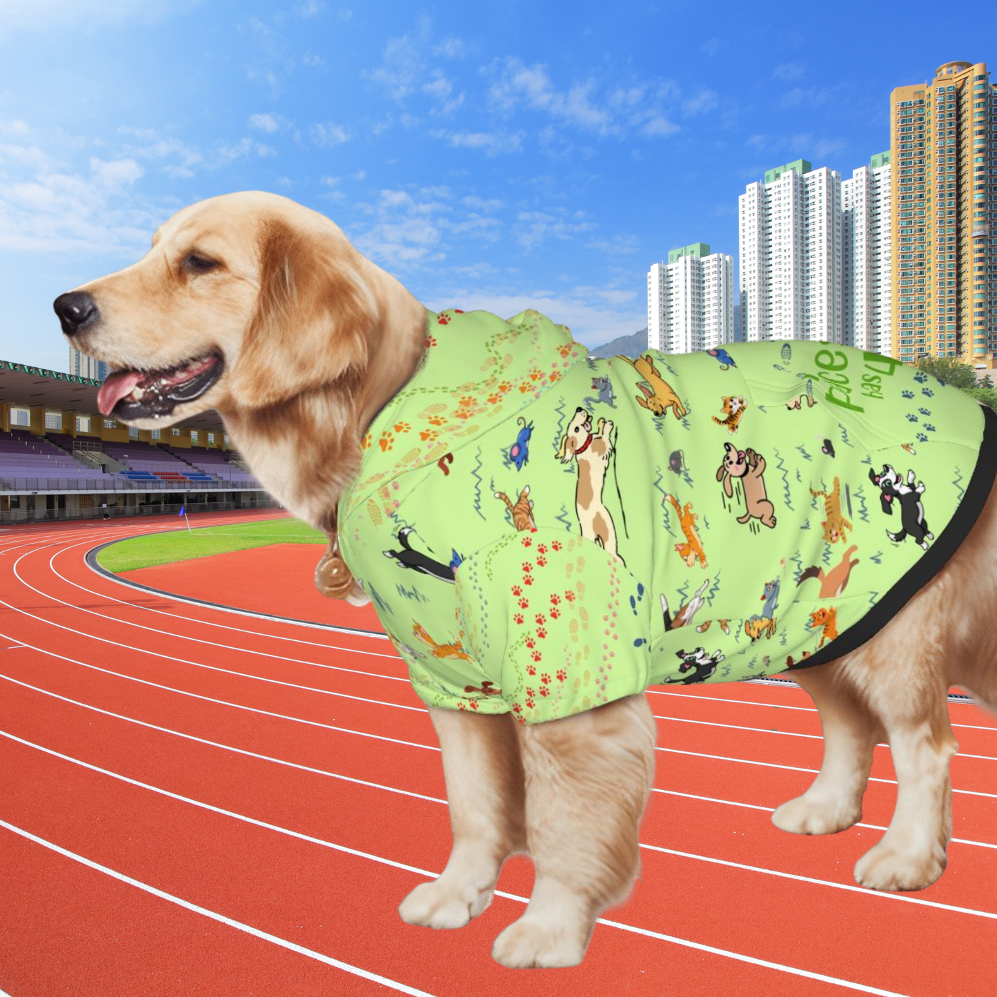 Marathon ready, Whimsical Dog Hoodie: Dogs Chasing Cats & Mice in a Fun Chase Scene, "Paws-ing My Run?  Only For Treats" Green,